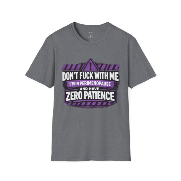 Perimenopause warning t-shirt with bold purple and white graphic and zero patience message