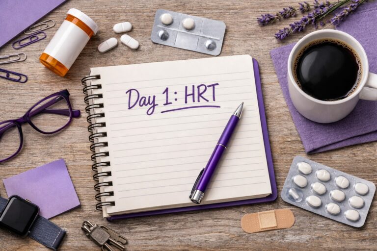 Day 1 of HRT for perimenopause showing a journal, coffee, and hormone therapy items representing the start of treatment