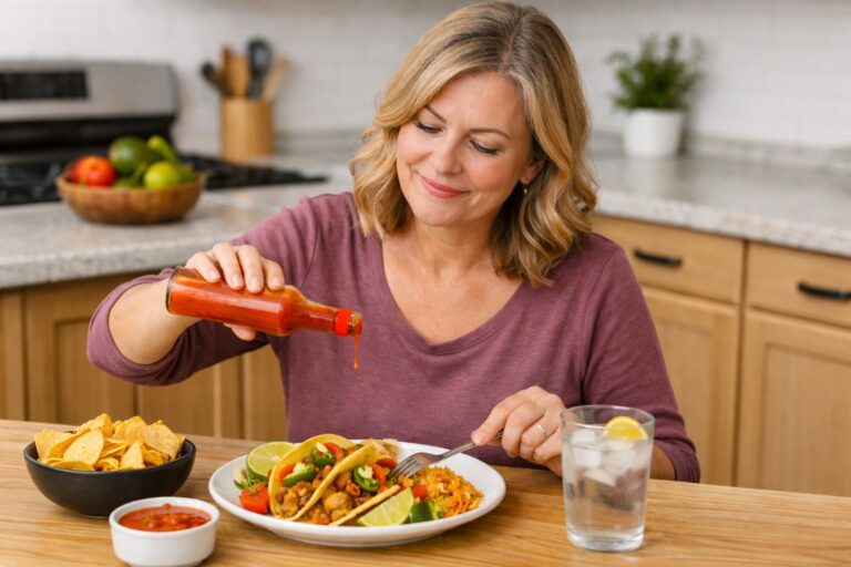 Woman adding hot sauce to her food due to perimenopause-related taste changes and craving spicy food