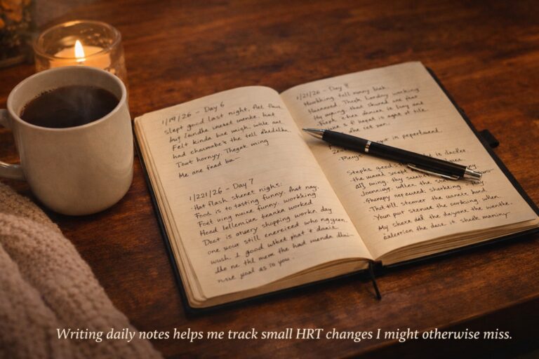 handwritten journal tracking daily HRT progress notes and early symptom changes