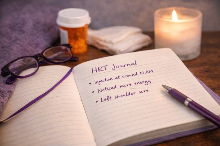 HRT journal tracking early hormone therapy changes including energy, sleep, and frozen shoulder symptoms during first week of menopause treatment