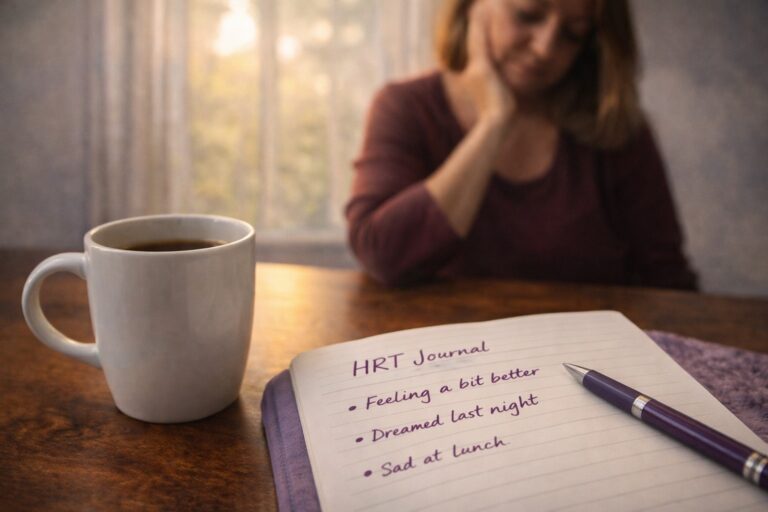HRT journey day 3 reflection showing journaling, morning coffee, and emotional shifts during the first week of hormone therapy
