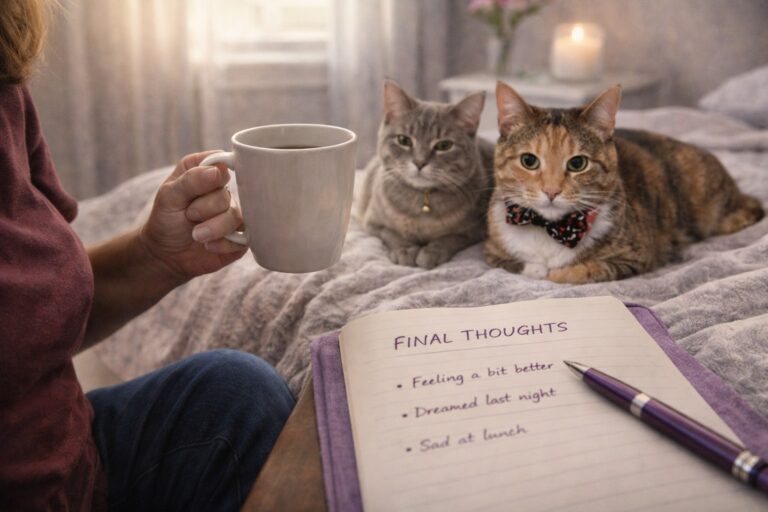 HRT journey final thoughts with morning coffee, journal, and cats Nutmeg and Bella during first week of hormone therapy