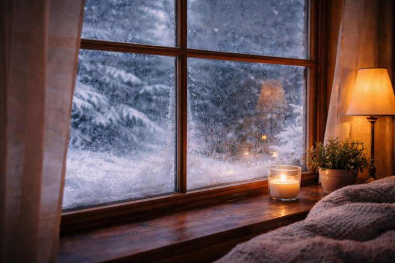warm indoor light and frosty window showing hot and cold contrast during early HRT reflection