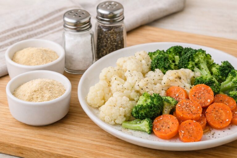 Lightly seasoned vegetables with salt and pepper representing bland food before perimenopause taste changes