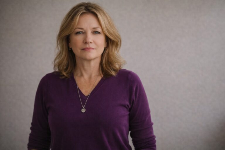 Confident perimenopausal woman standing calmly after advocating for her health
