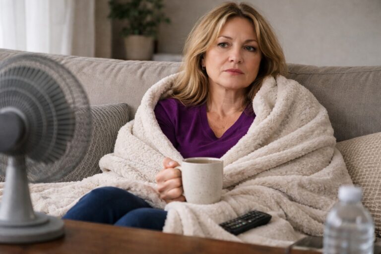 Perimenopausal woman sitting on a couch with a blanket and fan during a hot flash