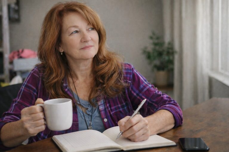 Perimenopausal woman journaling at a desk with coffee after hormone lab results